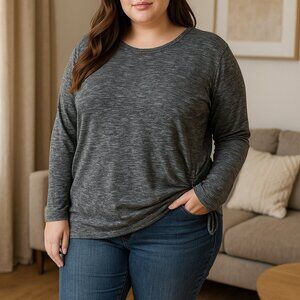 Design History Gray Ruched-Side Long Sleeve Top-2x